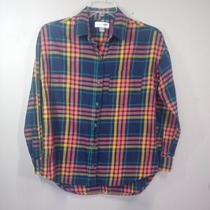 Old Navy Multicolor Bold Plaid Women's Boyfriend Button Down Shirt Size SP